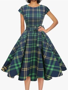 Poetry Navy, Green & Cream Plaid Fit-and-Flare Dress